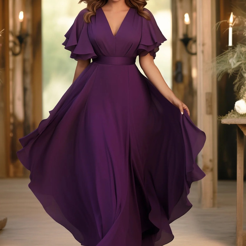 Elegant Wedding Guest Grape Chiffon Flutter Sleeve Tunic Dress